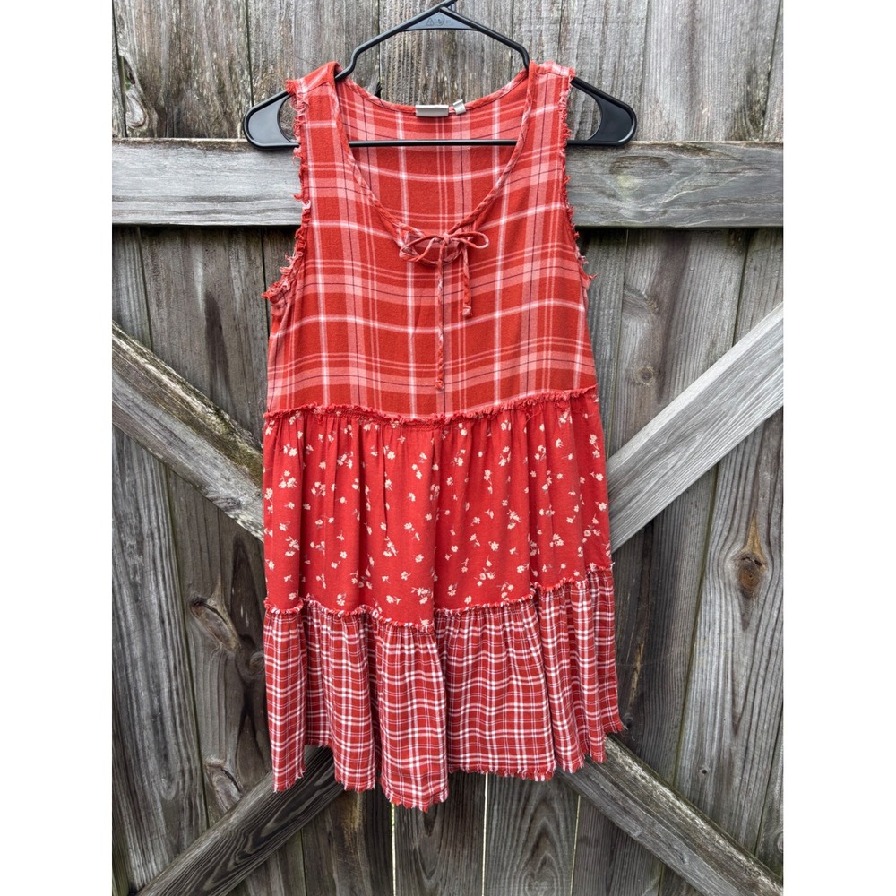 True Craft‎ Red Plaid Floral Mixed Print Tiered Babydoll Mini Dress Sleeveless S